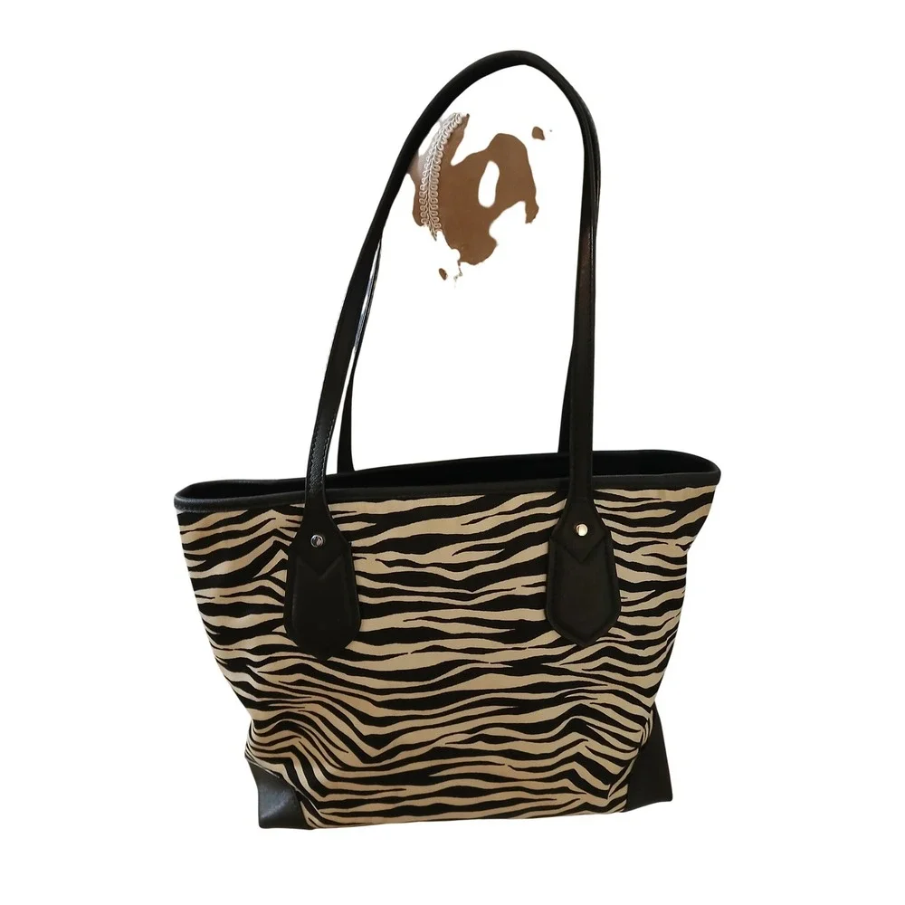 Michael Kors Zebra Print Small Tote Bag Black Cream Canvas Leather Purse